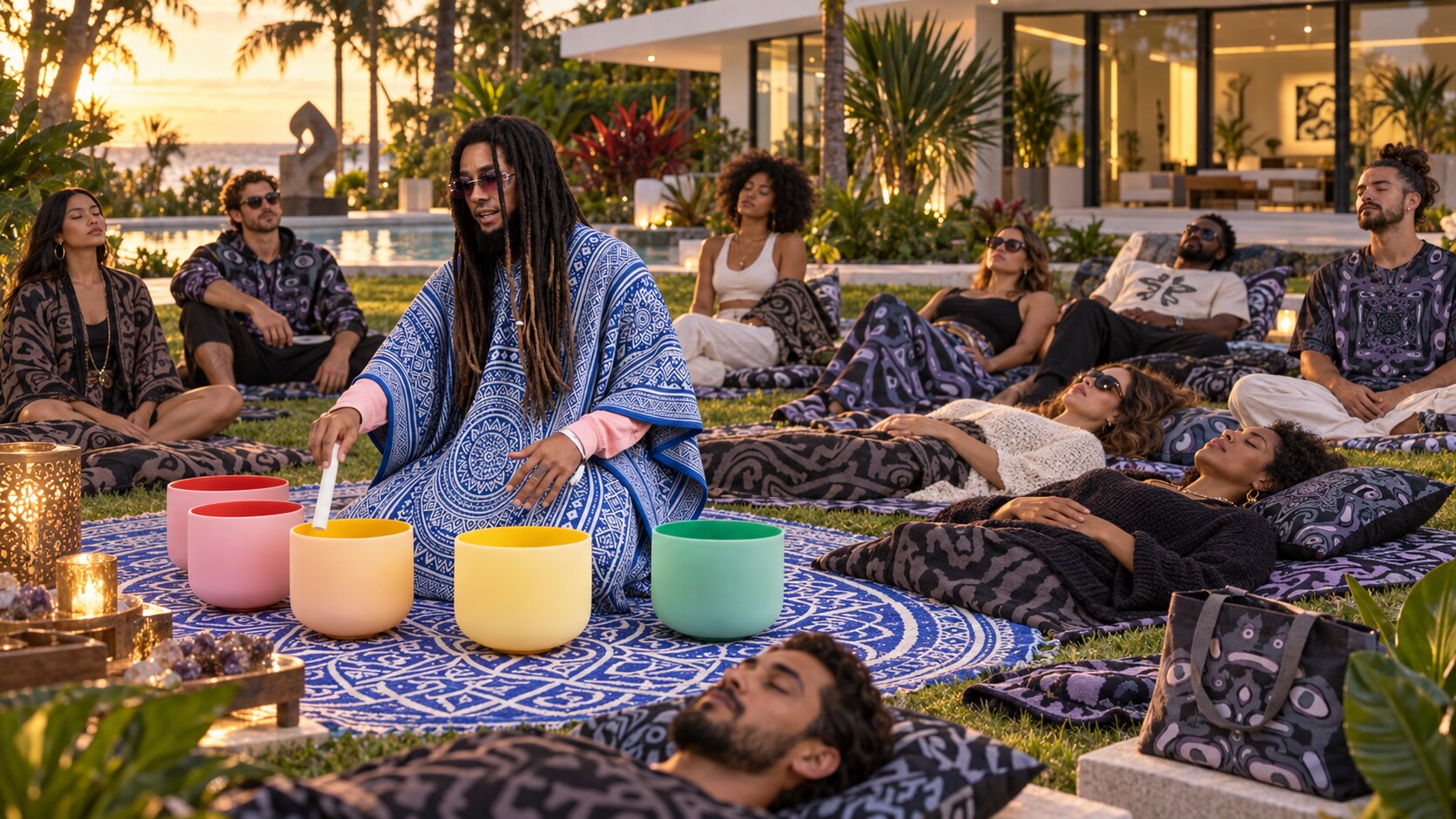 Concept visualization of Cory Van Lew leading an outdoor Art Sanctuary sound bowl experience during Miami Art Week
