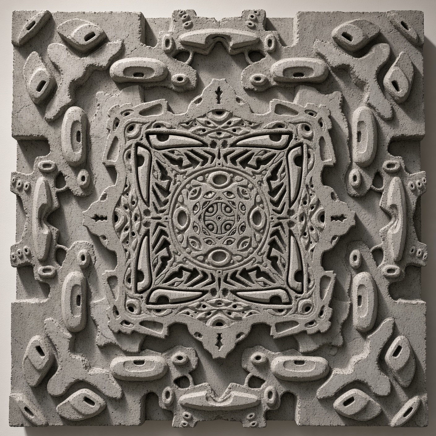 Concept mockup of Real Eyes Realize translated into a carved concrete relief sculpture